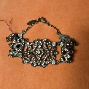 VCLM Rhinestone Filigree Bracelet 8 Inch Antique Dark Gray Tone Adjustable Chain